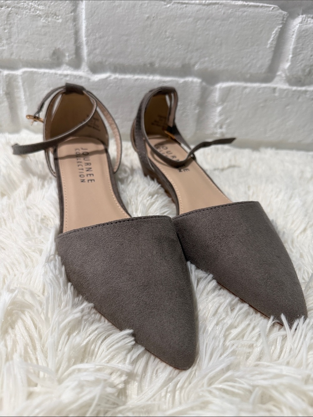 Journee Collection Pointed Toe Ankle Strap Flats in Taupe Gray